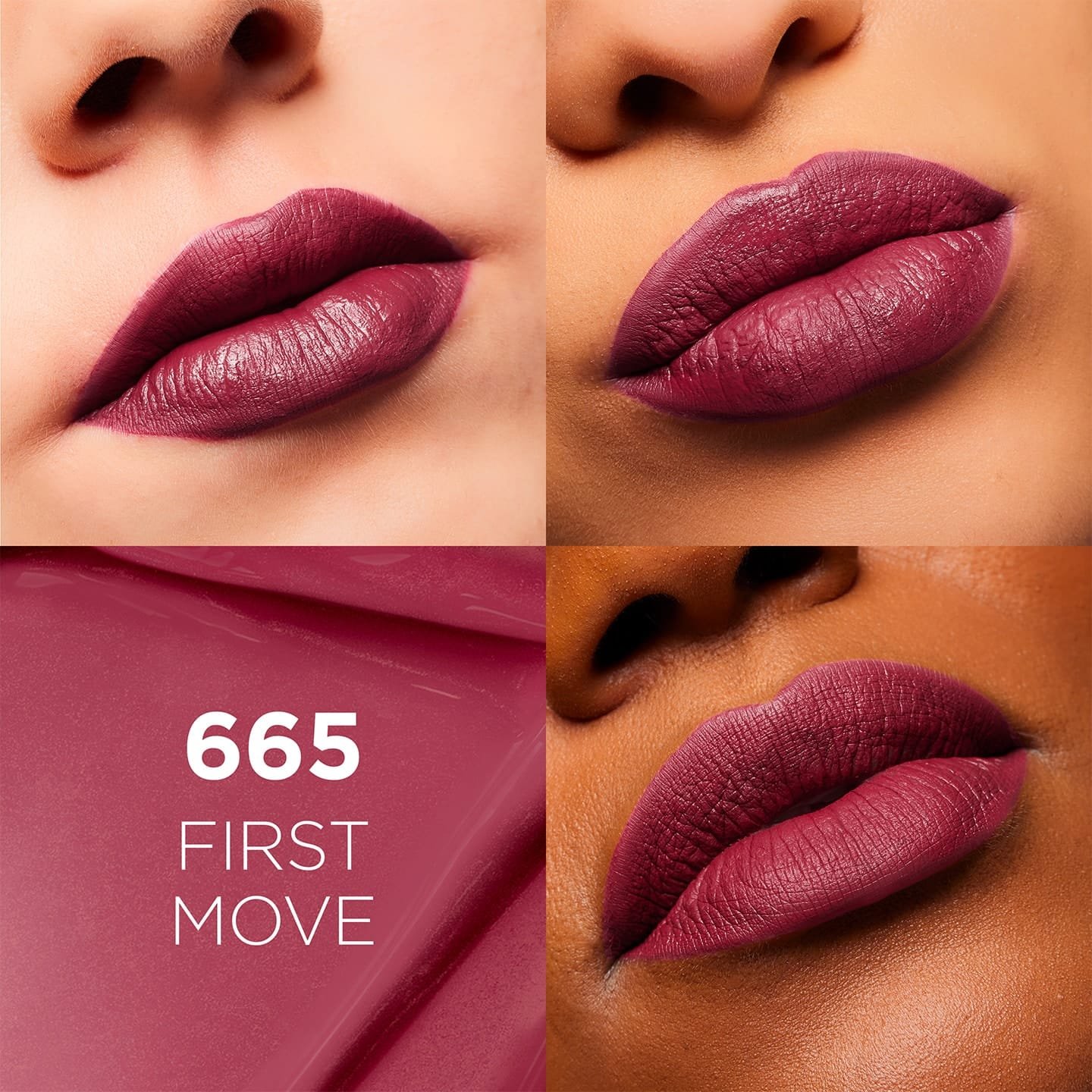 Infaillible Matte Resistance Nude 665 First Move Fotocollage die den Lippenstift auf aufgetragenen Lippen zeigt